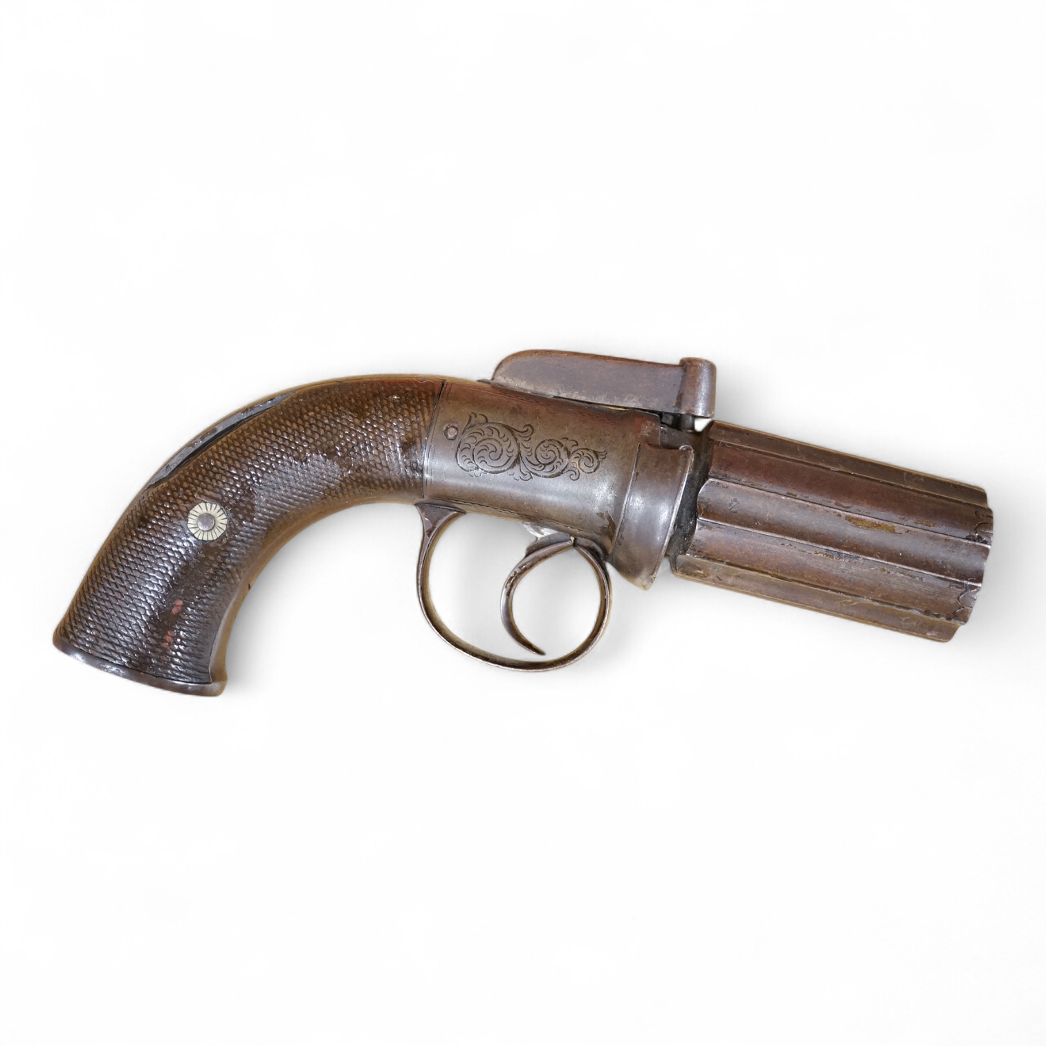 A six shot 120 bore self-cocking percussion pepperbox revolver with fluted barrels, Birmingham proof, rounded foliate engraved frame, and two-piece chequered walnut grips